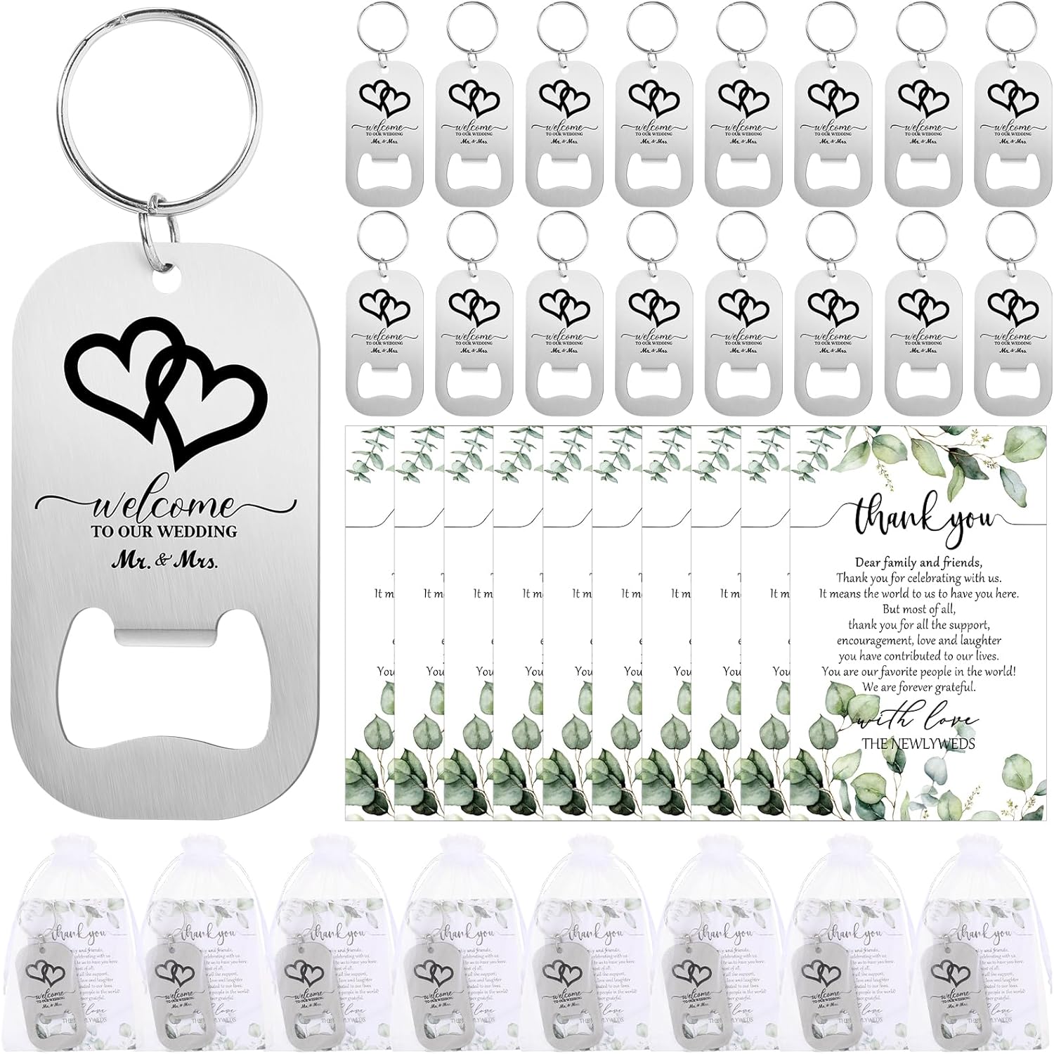 Charming Wedding Favors: 50 Sets of Bottle Opener Keychains with Thank You Cards