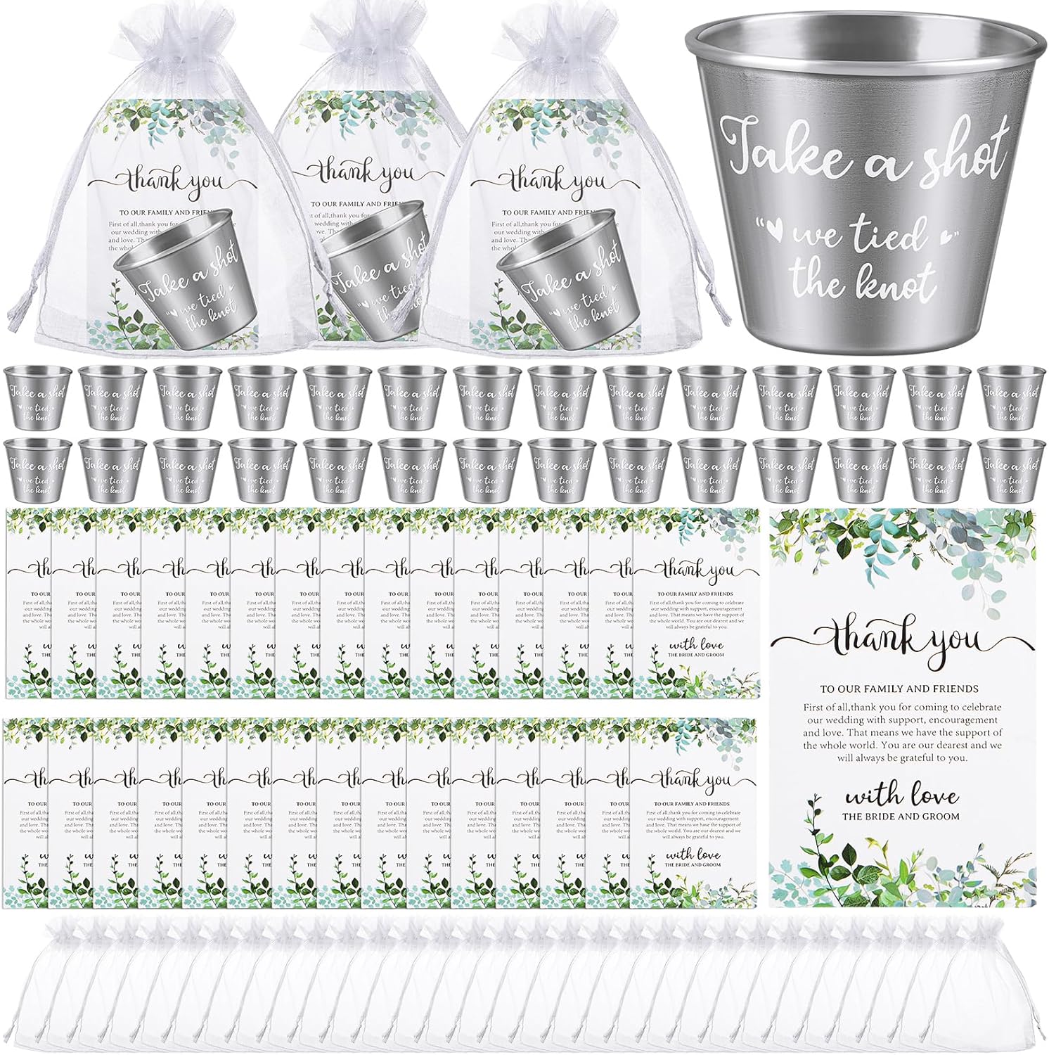 Elevate Your Celebration: 100 Set Wedding Favors with Stainless Steel Shot Glasses & Thank You Cards!
